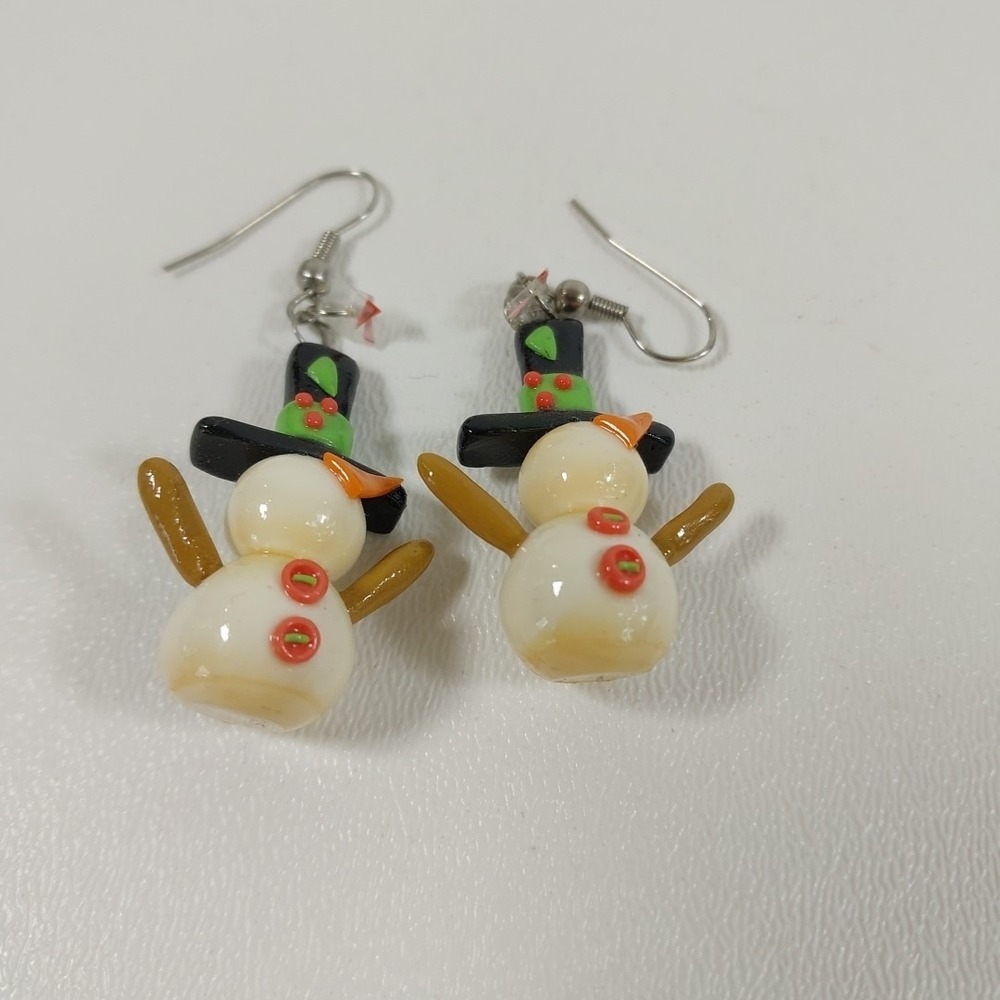 HANDMADE SNOWMAN EARRINGS WITH ARMS silver Plated - Picture 2 of 4